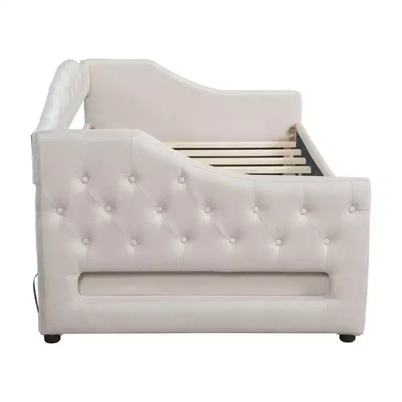 Lit de repos capitonné Twin XL avec lumières LED, Beige / Gris, 1 personne