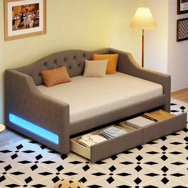 Lit de repos capitonné Twin XL avec lumières LED, Beige / Gris, 1 personne