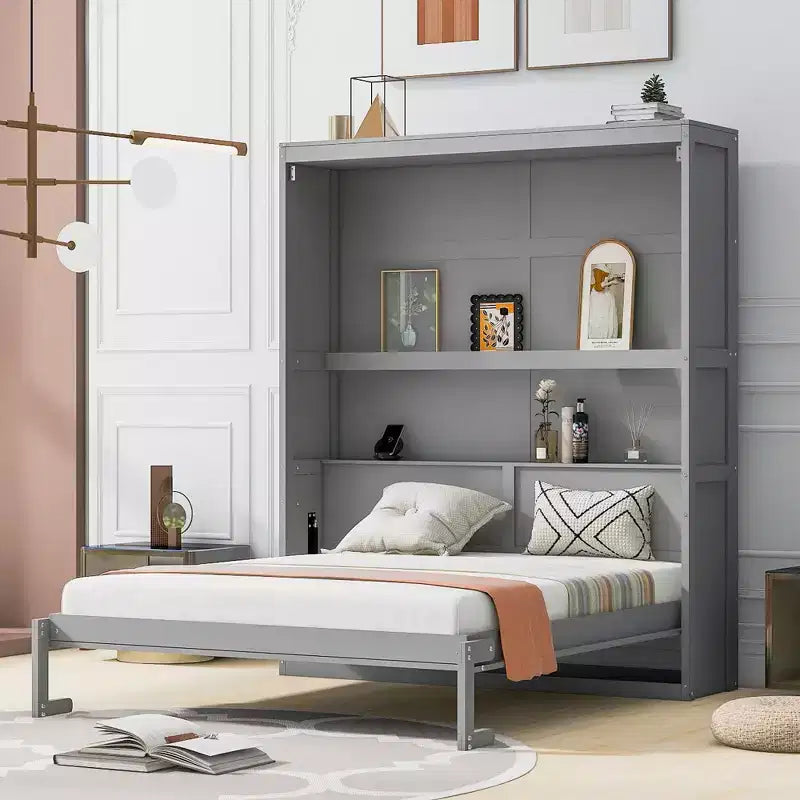 Lit escamotable mural Queen gris/blanc avec armoire de rangement, 1 personne