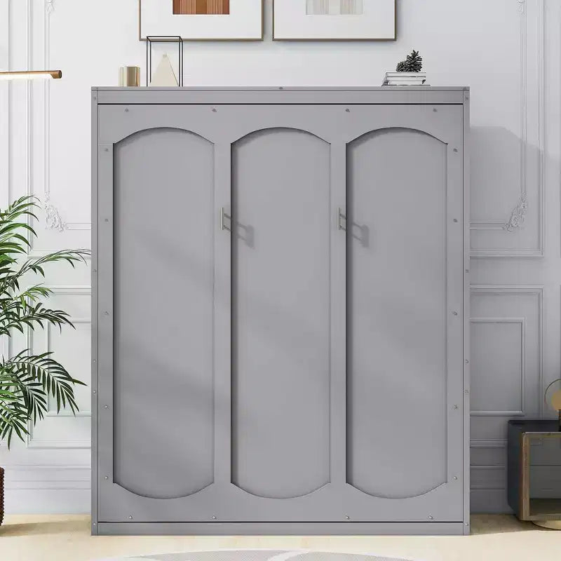 Lit escamotable mural Queen gris/blanc avec armoire de rangement, 1 personne