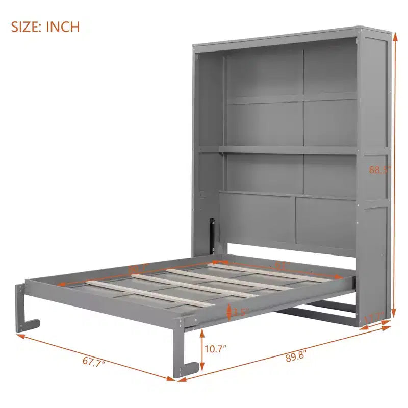 Lit escamotable mural Queen gris/blanc avec armoire de rangement, 1 personne