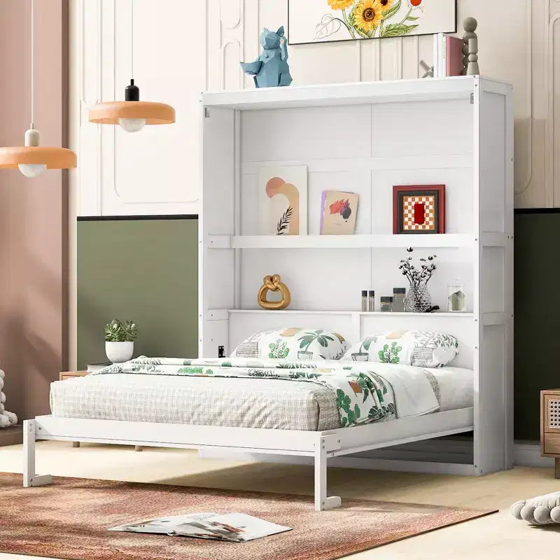Lit escamotable mural Queen gris/blanc avec armoire de rangement, 1 personne
