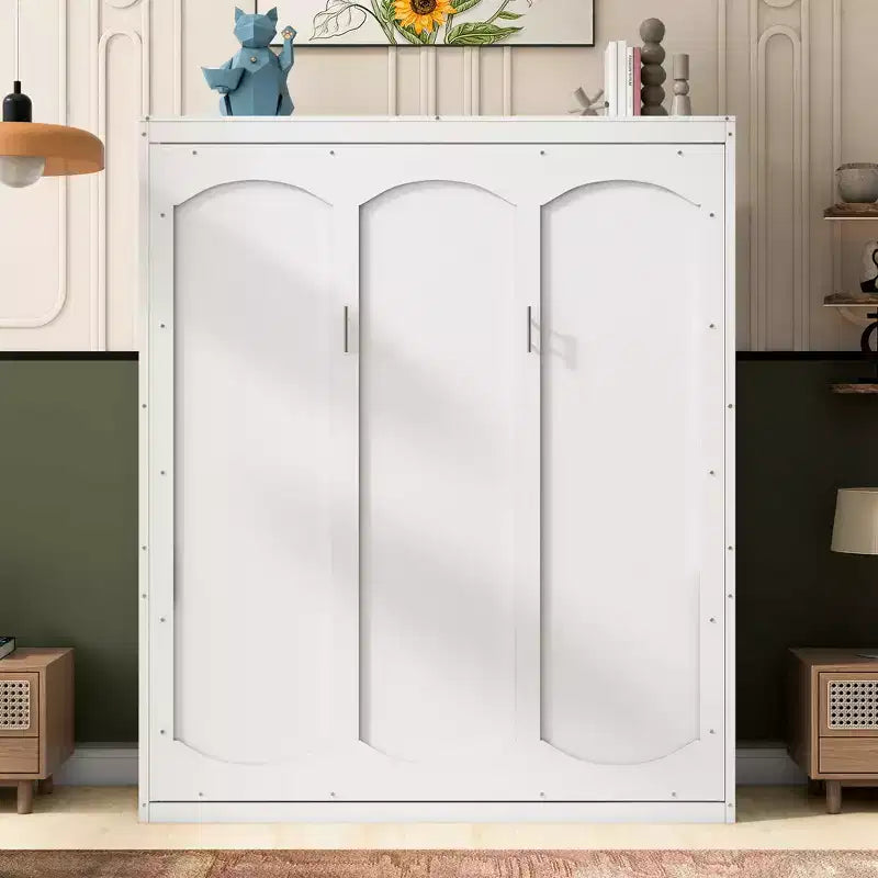 Lit escamotable mural Queen gris/blanc avec armoire de rangement, 1 personne