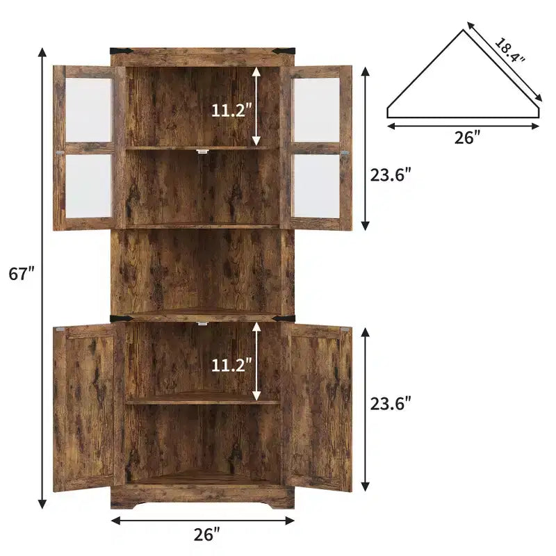 Meuble d'angle de rangement en bois brun avec lumières, 4 portes, 1 personne