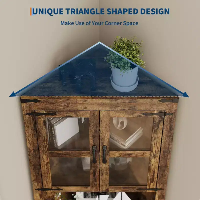Meuble d'angle de rangement en bois brun avec lumières, 4 portes, 1 personne