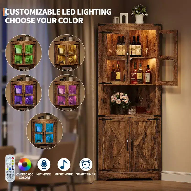 Meuble d'angle de rangement en bois brun avec lumières, 4 portes, 1 personne