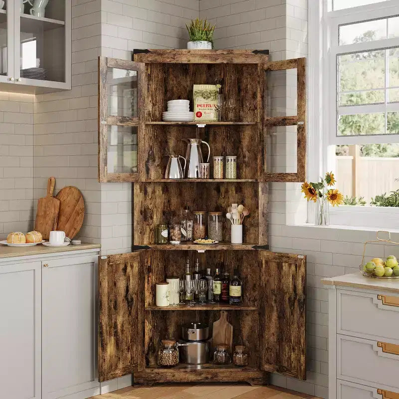 Meuble d'angle de rangement en bois brun avec lumières, 4 portes, 1 personne
