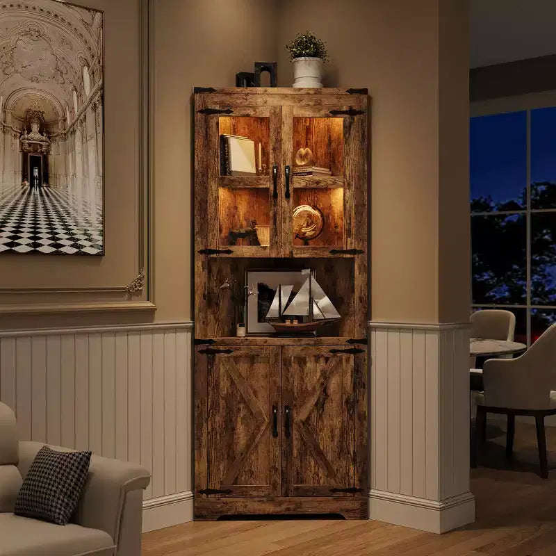 Meuble d'angle de rangement en bois brun avec lumières, 4 portes, 1 personne