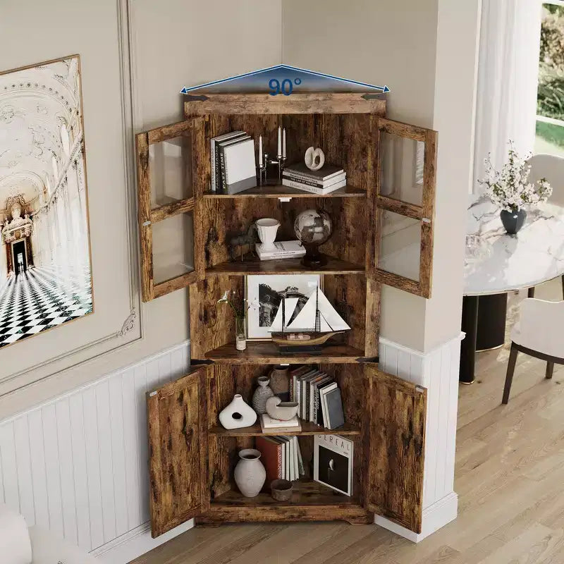 Meuble d'angle de rangement en bois brun avec lumières, 4 portes, 1 personne