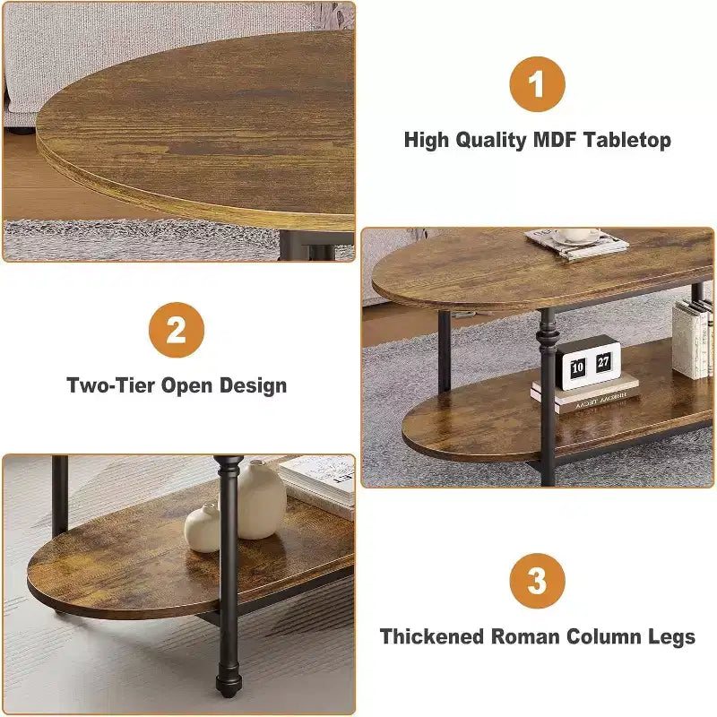 Table basse ovale à 2 plateaux gris/marron vintage avec pieds à colonnes romaines, pour 1 à 4 personnes
