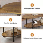 Table basse ovale à 2 plateaux gris/marron vintage avec pieds à colonnes romaines, pour 1 à 4 personnes