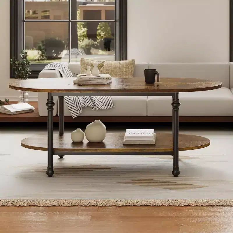 Table basse ovale à 2 plateaux gris/marron vintage avec pieds à colonnes romaines, pour 1 à 4 personnes
