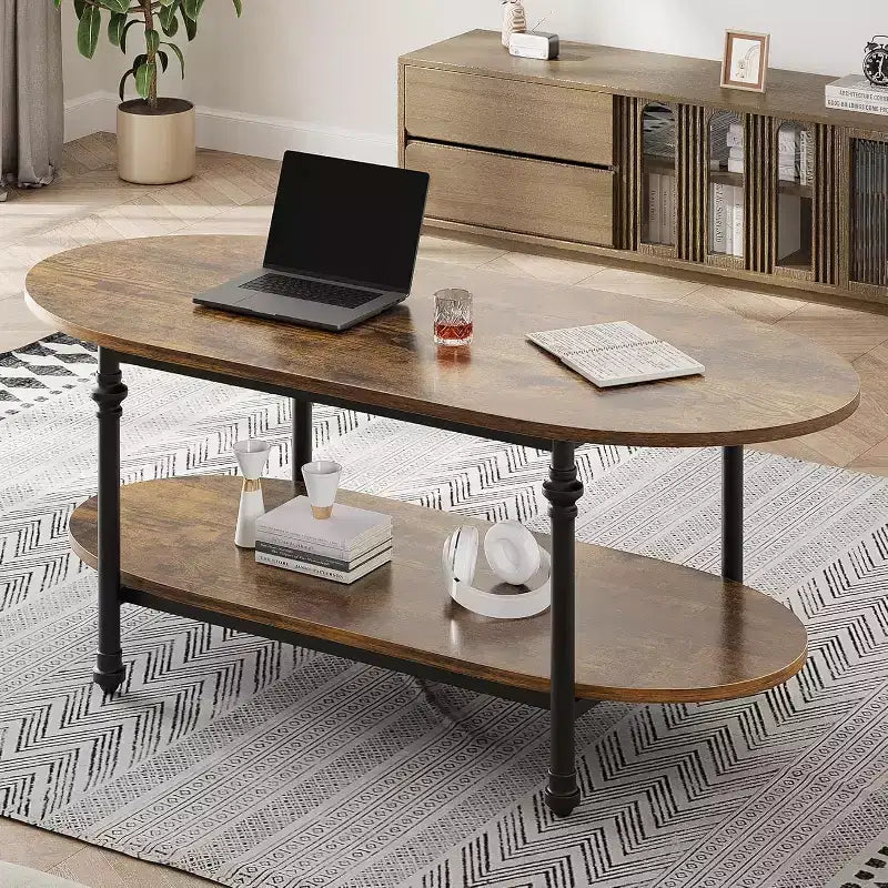 Table basse ovale à 2 plateaux gris/marron vintage avec pieds à colonnes romaines, pour 1 à 4 personnes