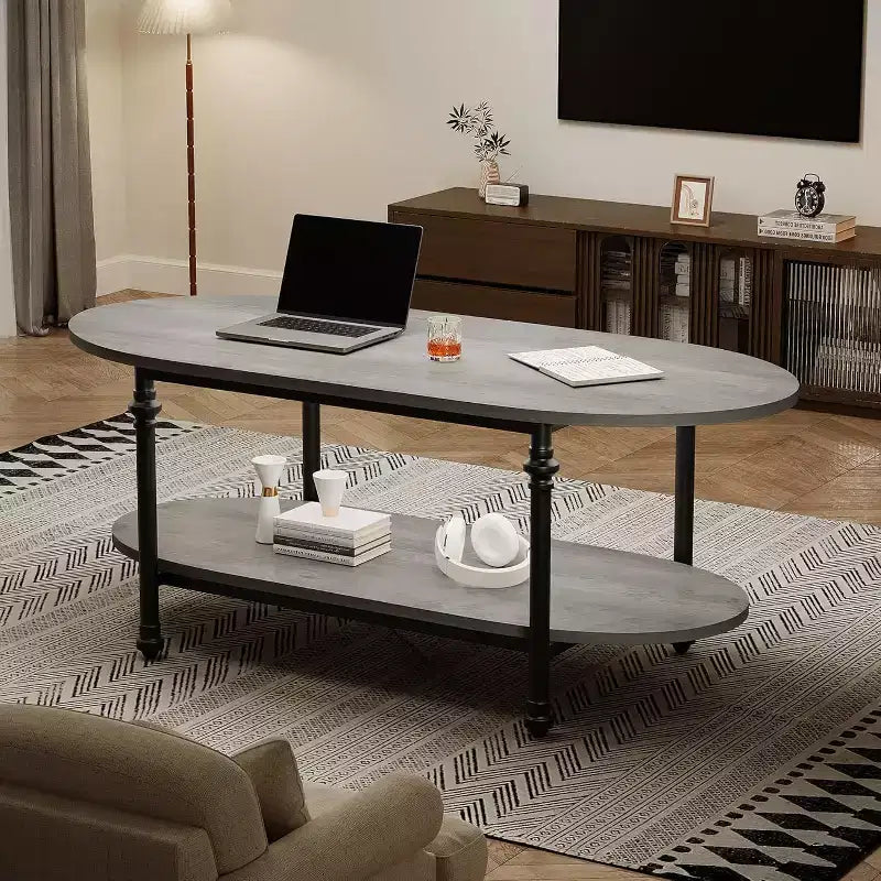 Table basse ovale à 2 plateaux gris/marron vintage avec pieds à colonnes romaines, pour 1 à 4 personnes