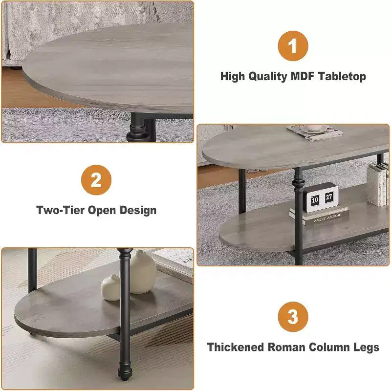 Table basse ovale à 2 plateaux gris/marron vintage avec pieds à colonnes romaines, pour 1 à 4 personnes