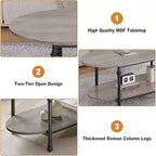 Table basse ovale à 2 plateaux gris/marron vintage avec pieds à colonnes romaines, pour 1 à 4 personnes