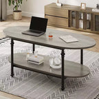 Table basse ovale à 2 plateaux gris/marron vintage avec pieds à colonnes romaines, pour 1 à 4 personnes