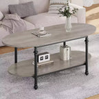 Table basse ovale à 2 plateaux gris/marron vintage avec pieds à colonnes romaines, pour 1 à 4 personnes