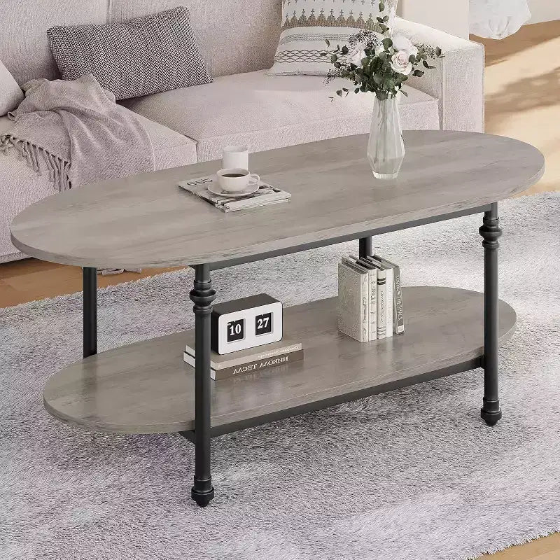 Table basse ovale à 2 plateaux gris/marron vintage avec pieds à colonnes romaines, pour 1 à 4 personnes