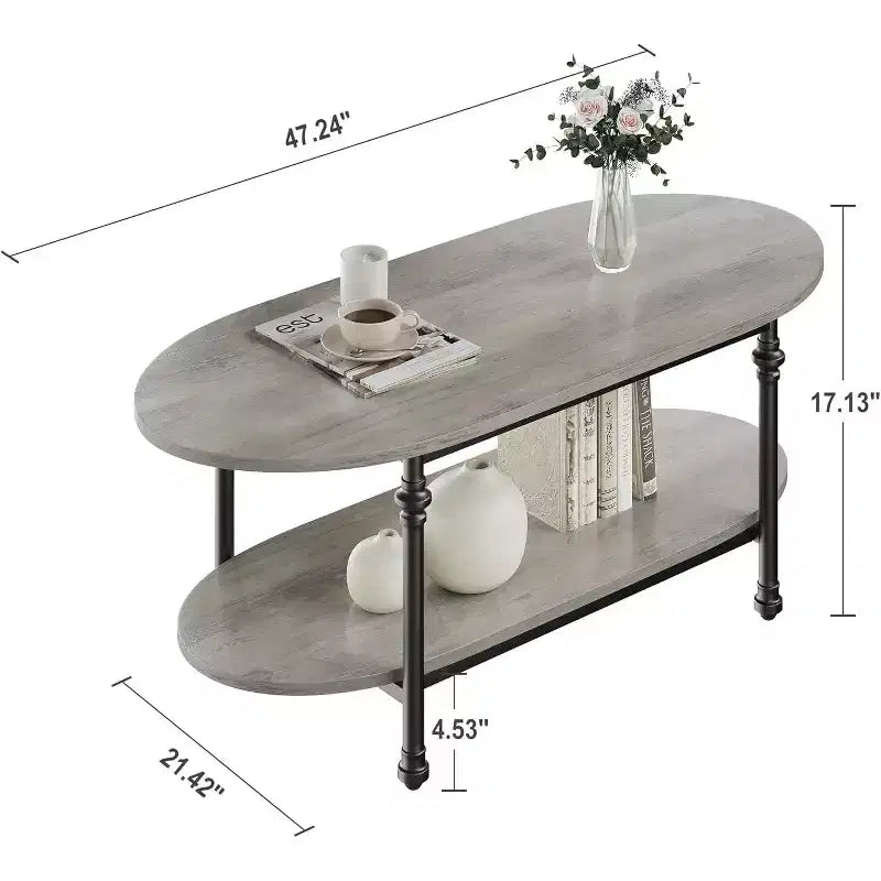 Table basse ovale à 2 plateaux gris/marron vintage avec pieds à colonnes romaines, pour 1 à 4 personnes
