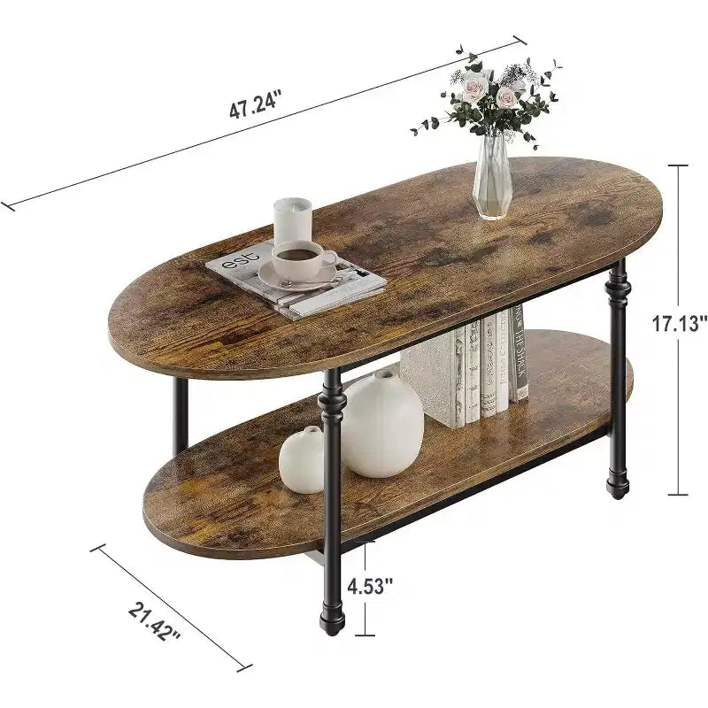 Table basse ovale à 2 plateaux gris/marron vintage avec pieds à colonnes romaines, pour 1 à 4 personnes