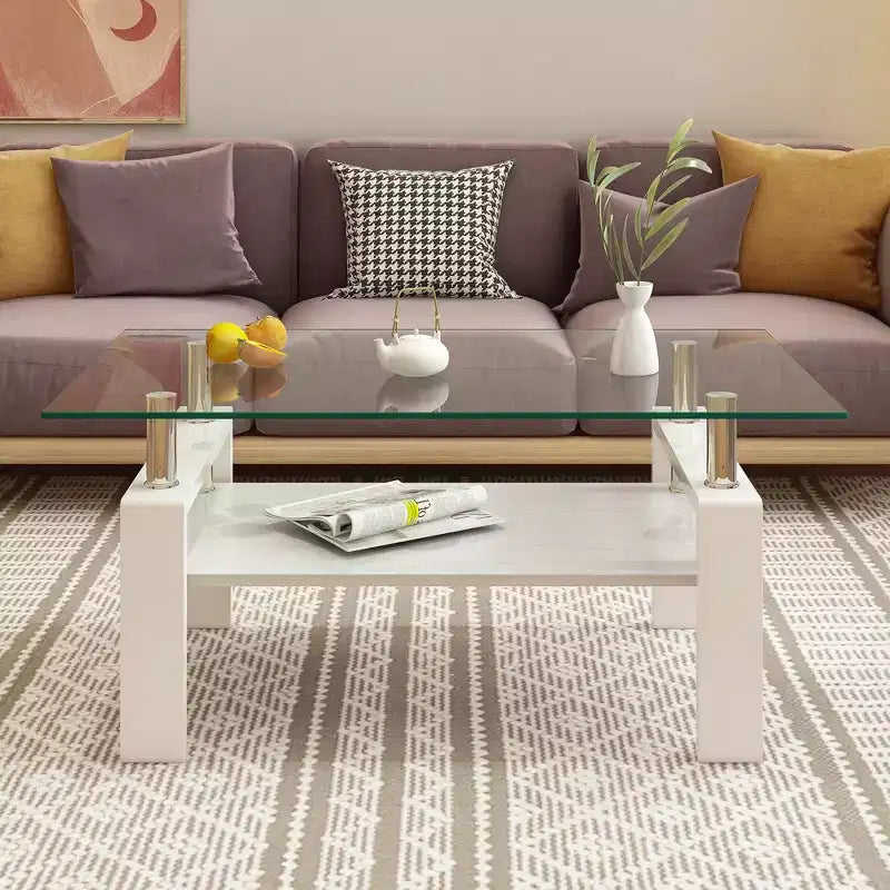 Table basse rectangulaire en verre clair blanc, piètement 4 pieds, 1 pièce