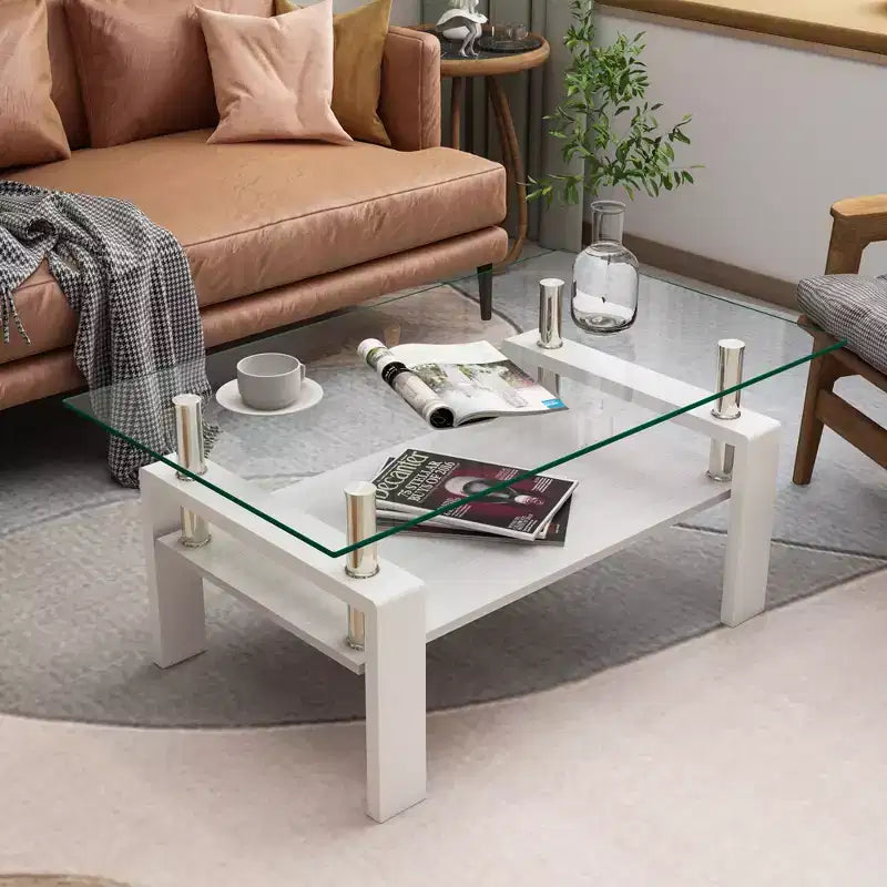 Table basse rectangulaire en verre clair blanc, piètement 4 pieds, 1 pièce