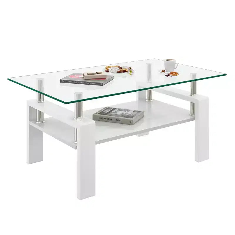 Table basse rectangulaire en verre clair blanc, piètement 4 pieds, 1 pièce