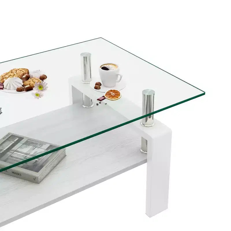 Table basse rectangulaire en verre clair blanc, piètement 4 pieds, 1 pièce