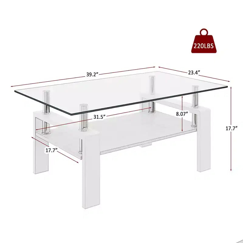 Table basse rectangulaire en verre clair blanc, piètement 4 pieds, 1 pièce