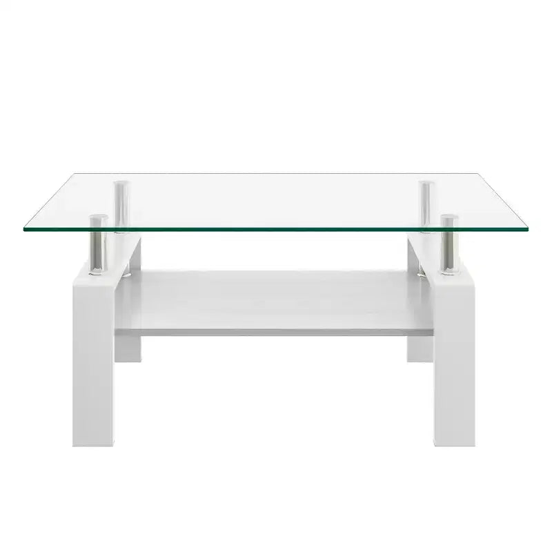 Table basse rectangulaire en verre clair blanc, piètement 4 pieds, 1 pièce