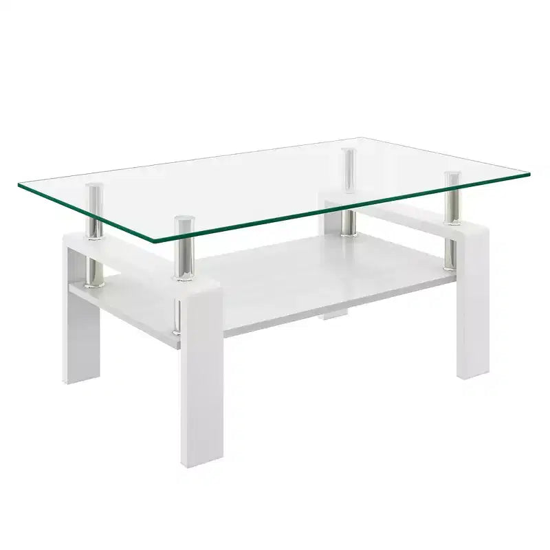 Table basse rectangulaire en verre clair blanc, piètement 4 pieds, 1 pièce