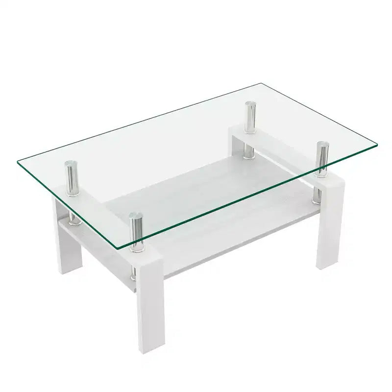Table basse rectangulaire en verre clair blanc, piètement 4 pieds, 1 pièce
