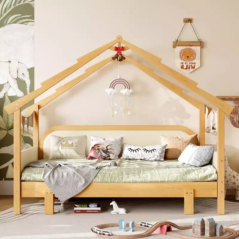JVNOXK Twin Size Wood Treehouse bed with Soft Cushion Rails,for Kids, Teens, Girls, Boys,White