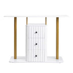 Console blanche et or avec 3 tiroirs de rangement, assemblage par 1 personne