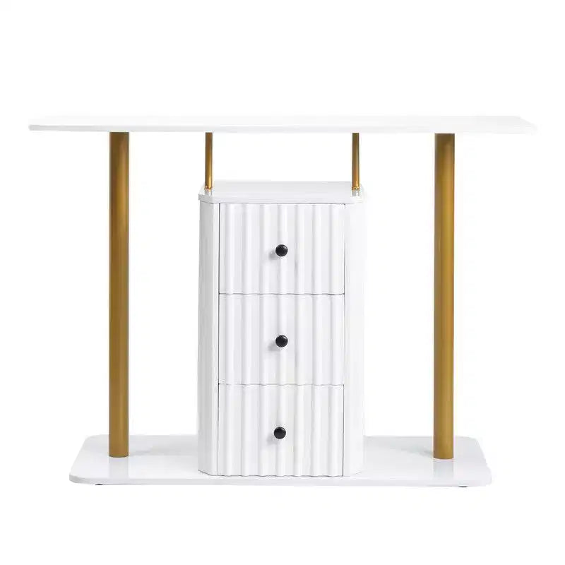 Console blanche et or avec 3 tiroirs de rangement, assemblage par 1 personne