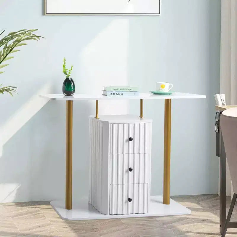 Console blanche et or avec 3 tiroirs de rangement, assemblage par 1 personne