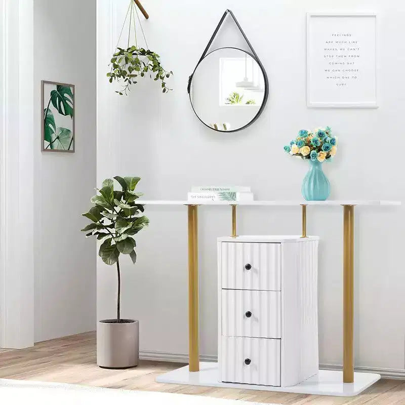 Console blanche et or avec 3 tiroirs de rangement, assemblage par 1 personne
