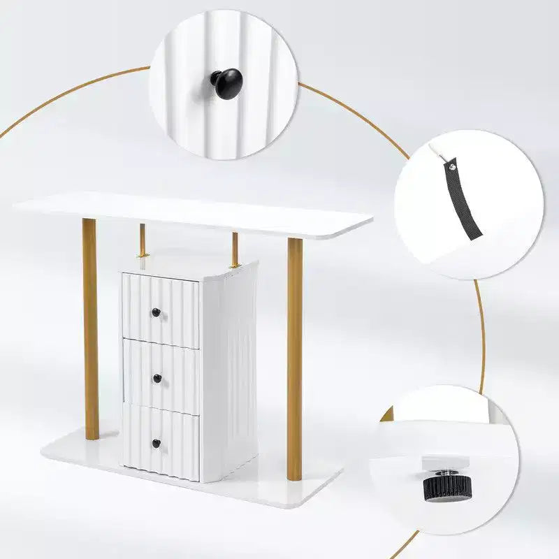 Console blanche et or avec 3 tiroirs de rangement, assemblage par 1 personne