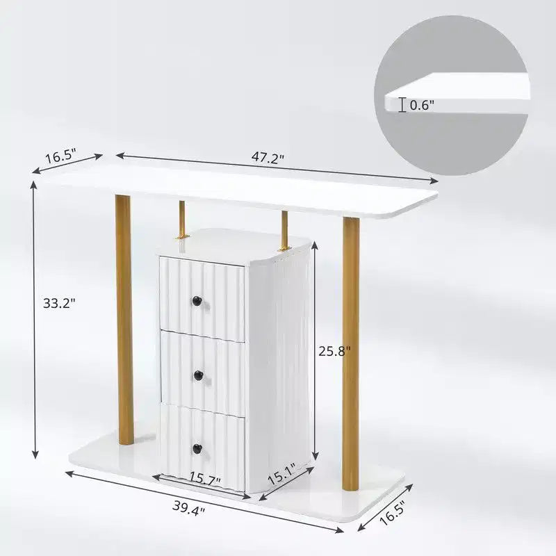 Console blanche et or avec 3 tiroirs de rangement, assemblage par 1 personne