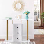 Console blanche et or avec 3 tiroirs de rangement, assemblage par 1 personne