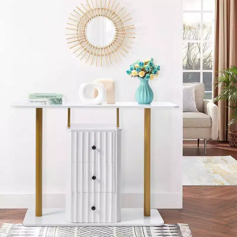 Console blanche et or avec 3 tiroirs de rangement, assemblage par 1 personne