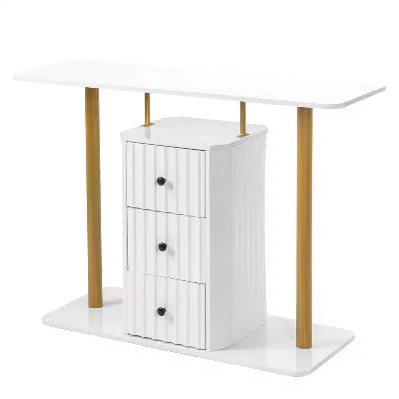 Console blanche et or avec 3 tiroirs de rangement, assemblage par 1 personne