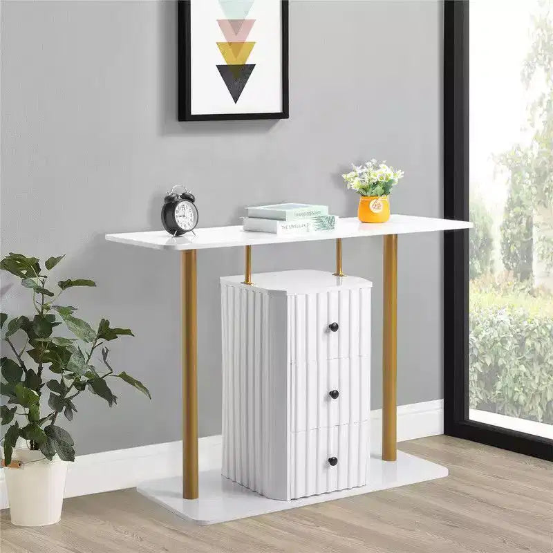 Console blanche et or avec 3 tiroirs de rangement, assemblage par 1 personne