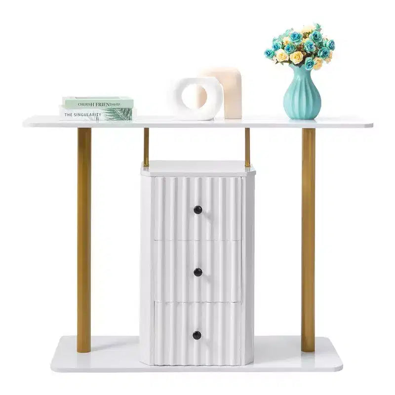 Console blanche et or avec 3 tiroirs de rangement, assemblage par 1 personne