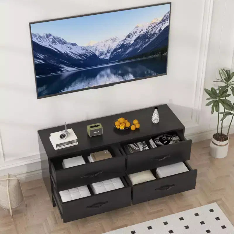 Meuble TV moderne blanc avec 6 tiroirs, hauteur réglable, pour 1 à 2 utilisateurs