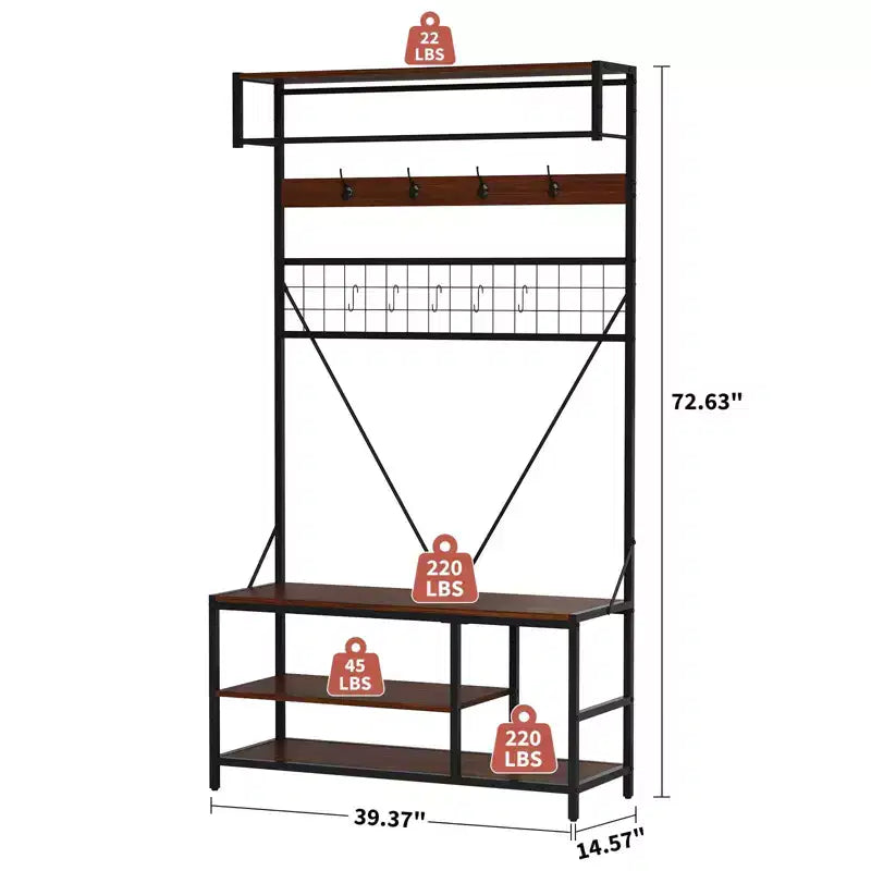 Porte-manteau autoportant avec banc et rangement à chaussures, noir / ivoire / marbré / bois – 1 à 2 personnes