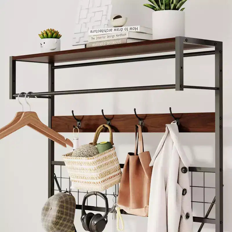 Porte-manteau autoportant avec banc et rangement à chaussures, noir / ivoire / marbré / bois – 1 à 2 personnes