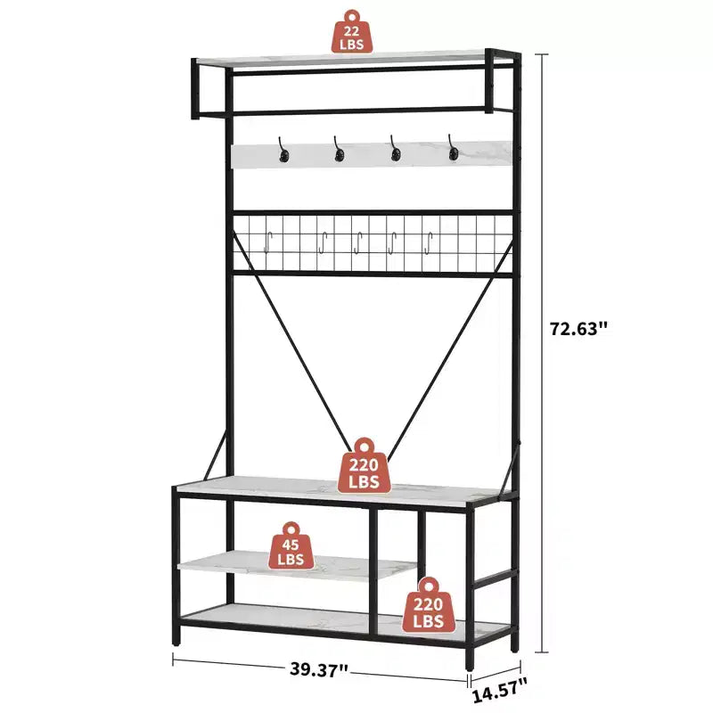 Porte-manteau autoportant avec banc et rangement à chaussures, noir / ivoire / marbré / bois – 1 à 2 personnes