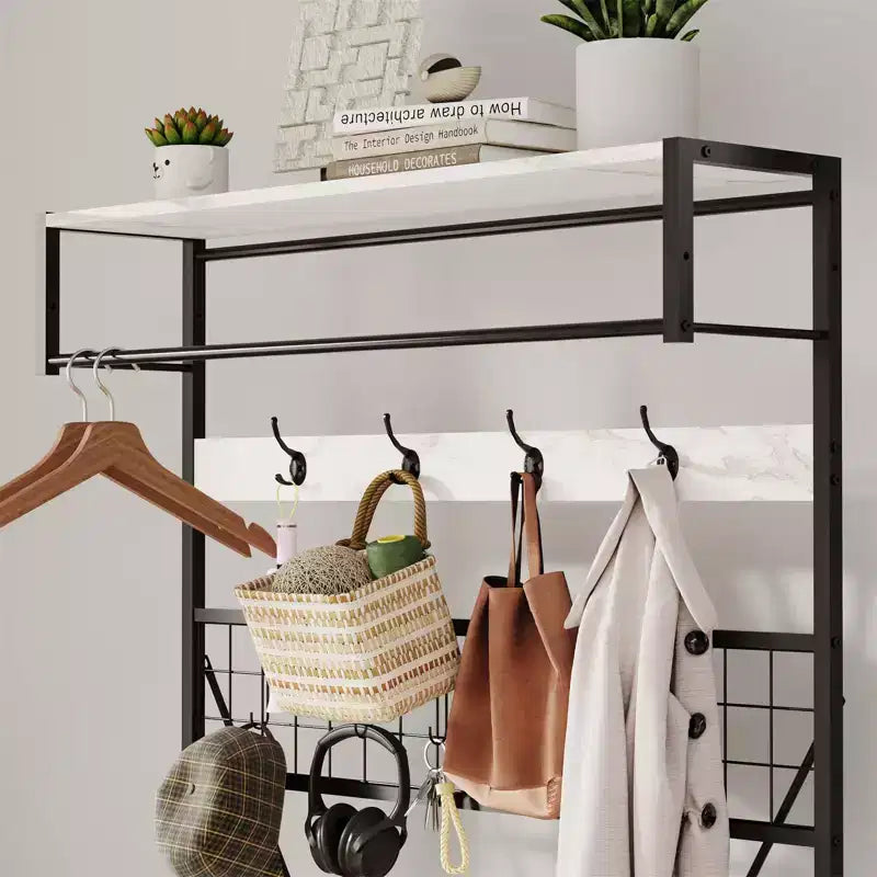 Porte-manteau autoportant avec banc et rangement à chaussures, noir / ivoire / marbré / bois – 1 à 2 personnes